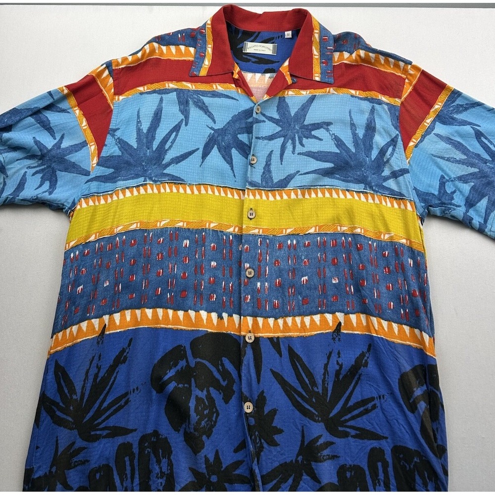Riscatto Portofino‎ Blue Yellow Red Hawaiian Shirt Mens Medium Short Sleeve